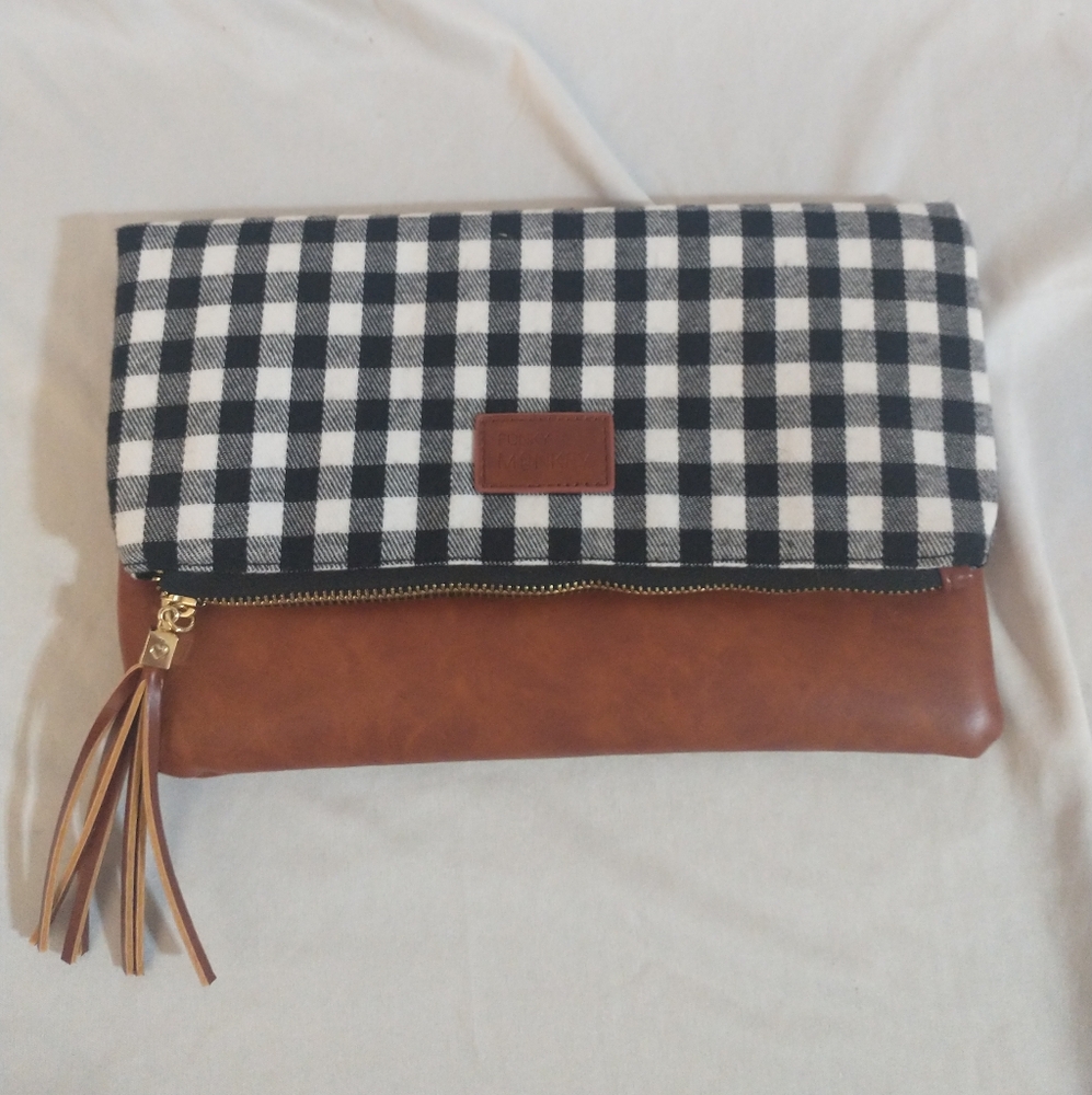 Funky Monkey Clutch Purse "Fold-Over" Black Check Leather